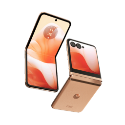 Product photos of the Motorola Razr+ in peach fuzz, which is warm, metallic, amber orange.